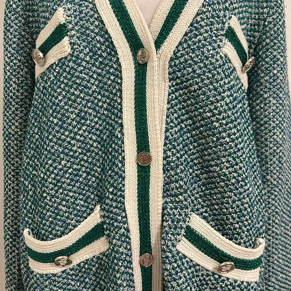 Maje Maitresse Green Lurex Metallic Threaded Cardigan Sweater Size 3, US Large - Picture 7 of 16
